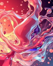 Explore an isekai anime style illustration featuring mesmerizing glassy, fluid 3D shapes in dynamic motion, beautifully accen