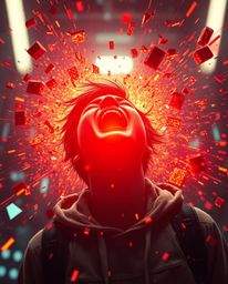 A captivating scene depicting a person's anguished scream as their world dramatically crumbles into vibrant pixelated fragmen