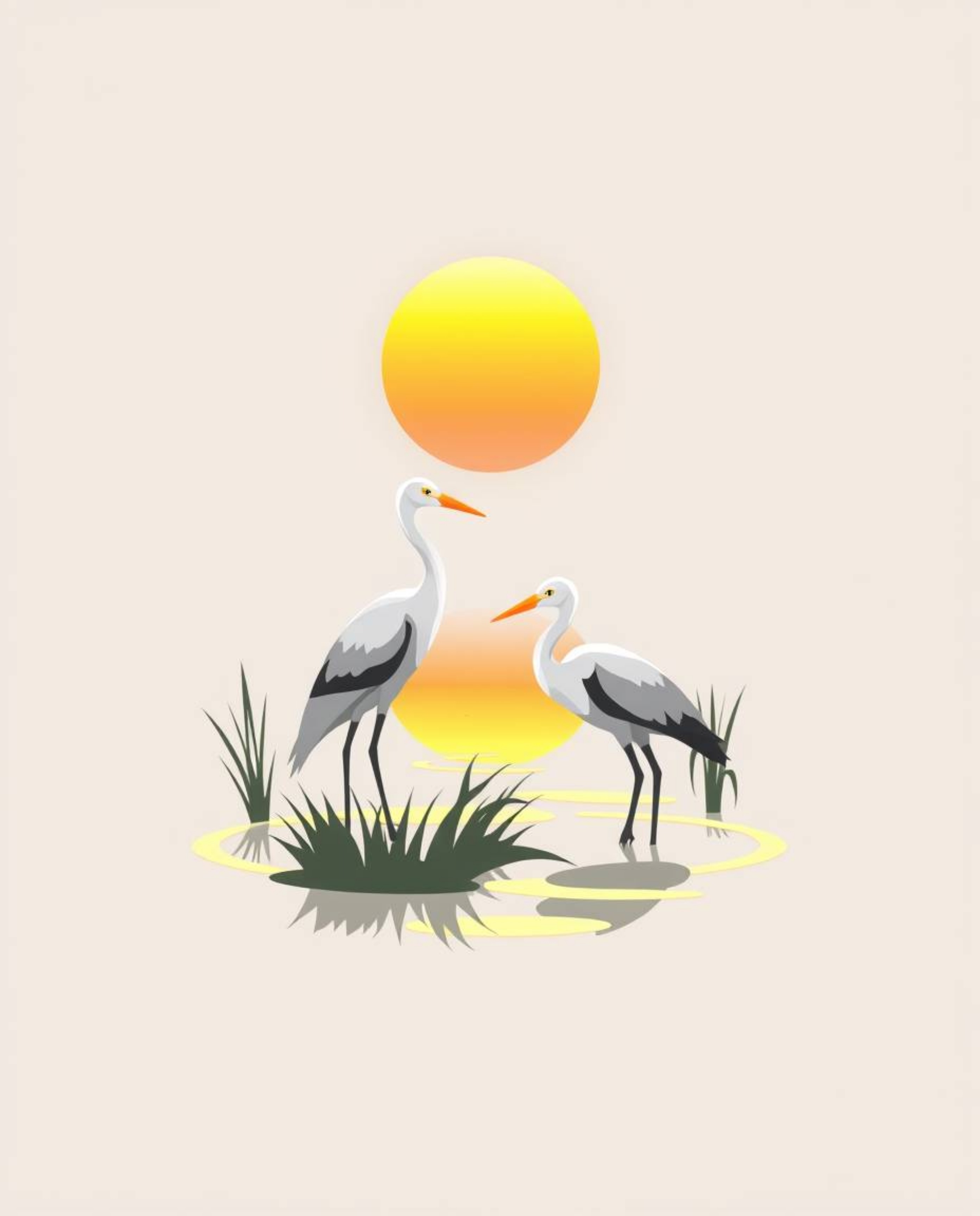 A geometric logo depicting a golden hour wetlands scene with herons. This design features volumetric lighting, clean lines, a