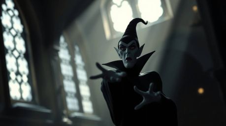 This image portrays a classic Disney villain, distinguished by sharp features, casting a spell within the confines of an old 