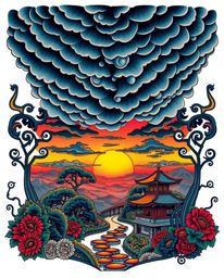 Experience the dramatic tension of a serene Zen garden beneath stormy skies at sunset, captured in the style of a symbolic tr