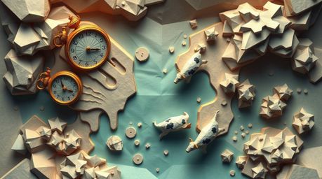 Explore a surreal dreamscape visualized from a top-down perspective, meticulously crafted in an origami style.  Melting clock