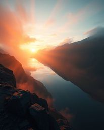 From a high-angle perspective, this realistic rendering showcases a sunset reflection in a glassy fjord. The scene is enhance