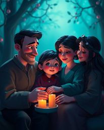 Experience a heartfelt family reunion brought to life in the beloved Pixar style. Bathed in rich, deep teal hues, the scene e