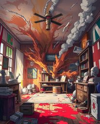 Imagine an isekai anime world colliding with reality as a room explodes in a kaleidoscope of paint. This depiction showcases 