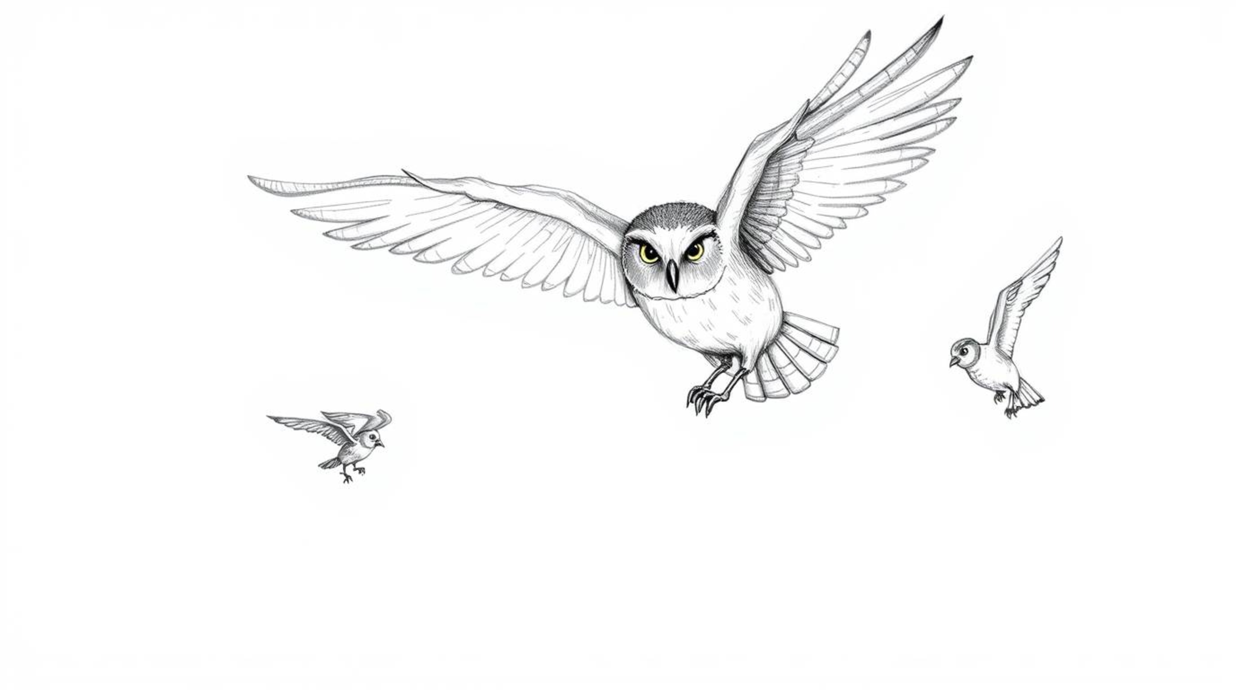 A captivating hand-drawn sketch in the style of Pixar portrays a blind owl gracefully mid-flight, passionately teaching a flo