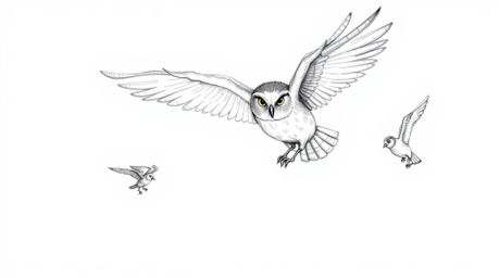 A captivating hand-drawn sketch in the style of Pixar portrays a blind owl gracefully mid-flight, passionately teaching a flo