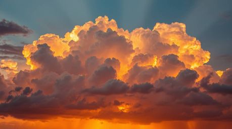 A captivating light art piece showcases the dramatic beauty of thunderstorm clouds illuminated by the warm, golden hues of a 