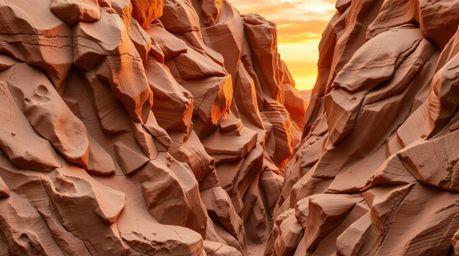 A captivating sculptural clay artwork portrays a rocky canyon drenched in the warm glow of a setting sun.  Utilizing natural 
