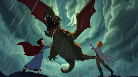 Witness a thrilling battle between a charming prince and a fearsome dragon, rendered in the captivating style of 1950s animat
