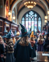 A stunning photograph capturing a magical school brimming with young wizards. The image features an iridescent reflection tha