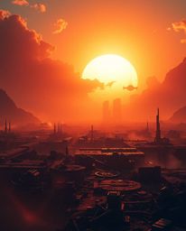 Experience an epic sunrise over a war-torn landscape in a modern future setting. This scene features warm, strong, hard light
