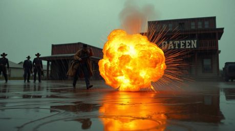 This image captures a classic exploding TNT gag set in the wild west, presented in a distinctly split scene. The environment 