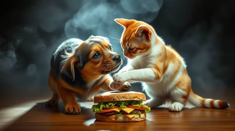 A captivating scene unfolds as volumetric lighting gracefully illuminates a dog and cat engaged in a spirited fight over a ma