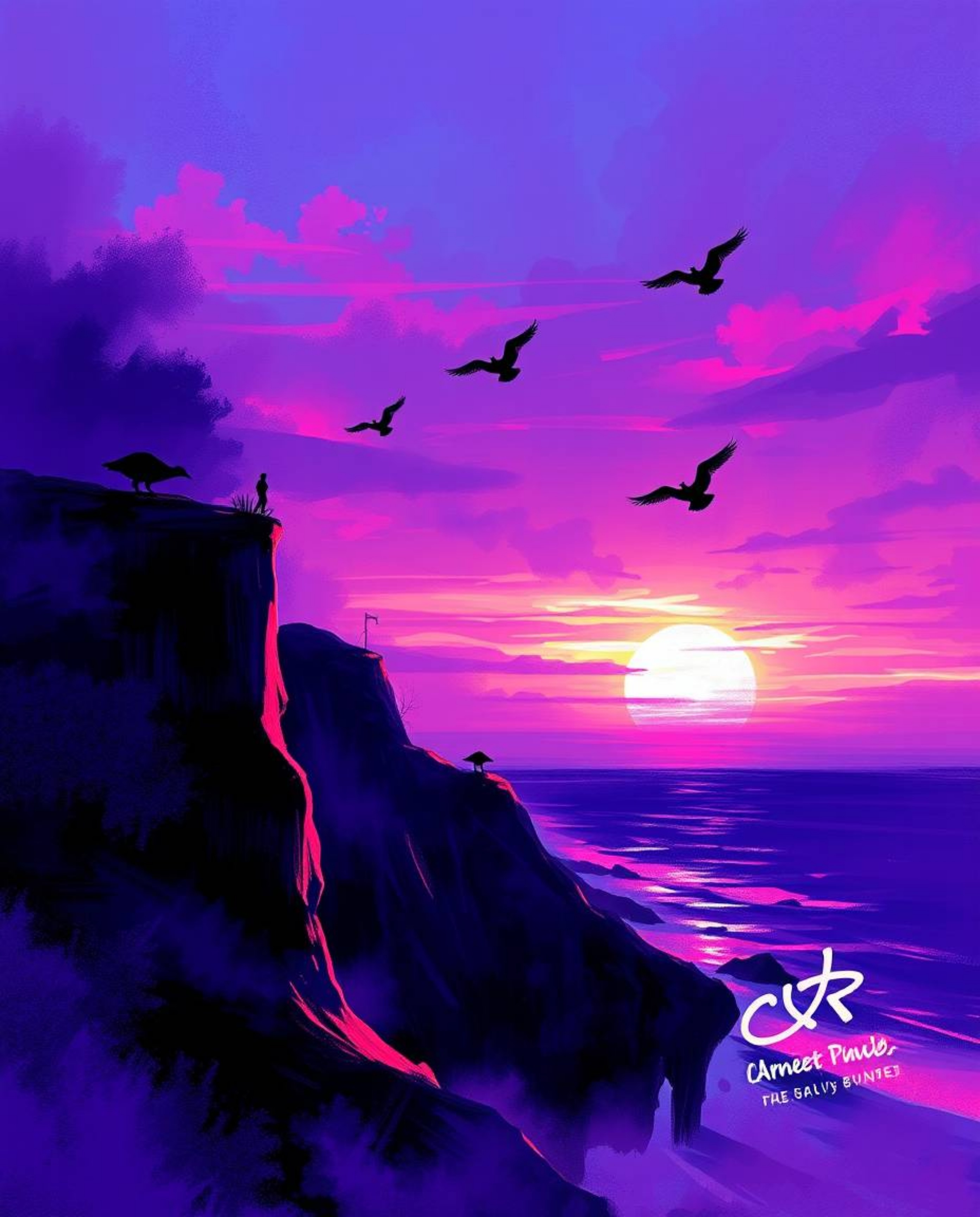 This is a dynamic digital sketch of a sunset over a coastal cliff with soaring birds. The artwork is rendered in deep ultravi