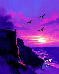 This is a dynamic digital sketch of a sunset over a coastal cliff with soaring birds. The artwork is rendered in deep ultravi