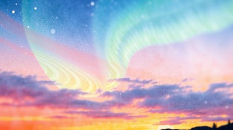 A stunning extreme macro close-up watercolor painting captures the ethereal beauty of the Northern Lights beginning to emerge