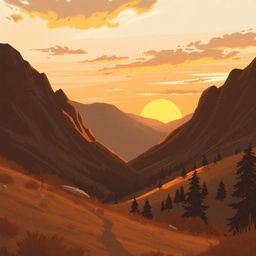 A breathtaking digital painting capturing a serene sunset over a quiet mountain valley. The artwork utilizes natural earth to