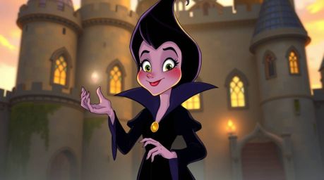 A classic Disney villain with charming features casts a spell within an old castle, bathed in the warm, golden light of the h