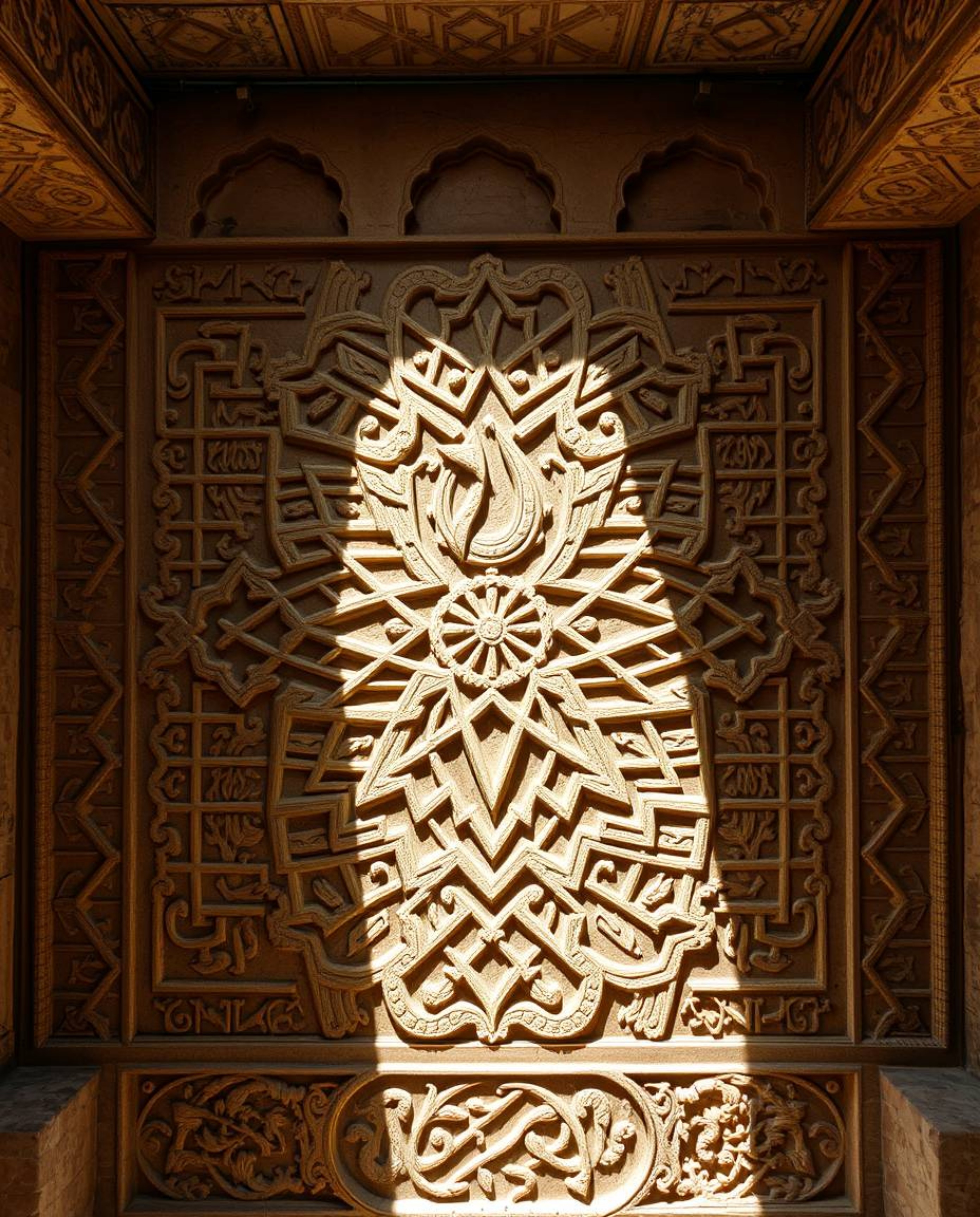 This image captures an overhead bird's eye view of intricately detailed Islamic geometric patterns carved in stone. The stron