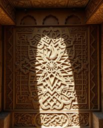 This image captures an overhead bird's eye view of intricately detailed Islamic geometric patterns carved in stone. The stron