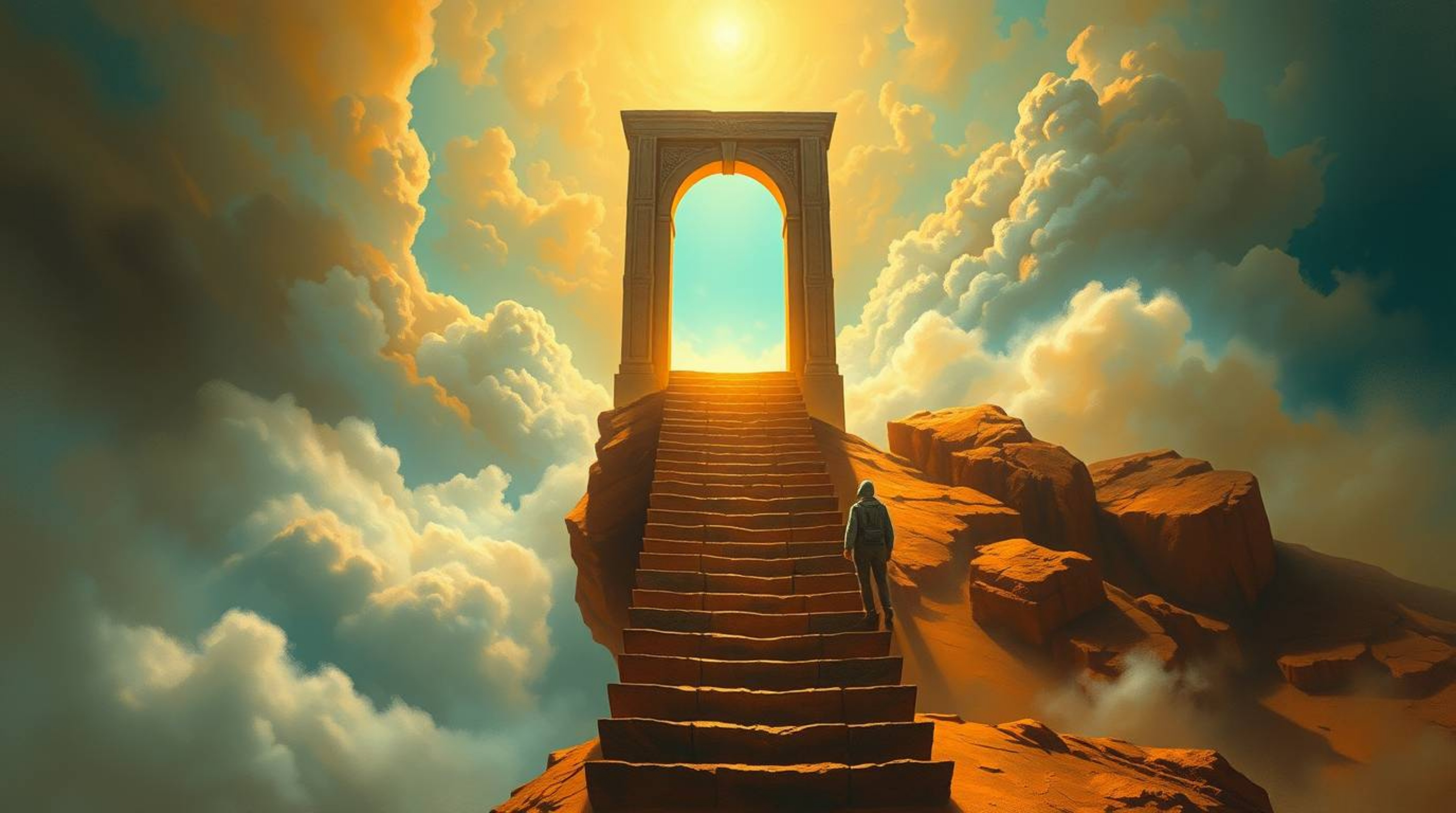 A fantasy realism painting depicting a Heavenly gate floating above the clouds, bathed in golden light. Warm terracotta hues