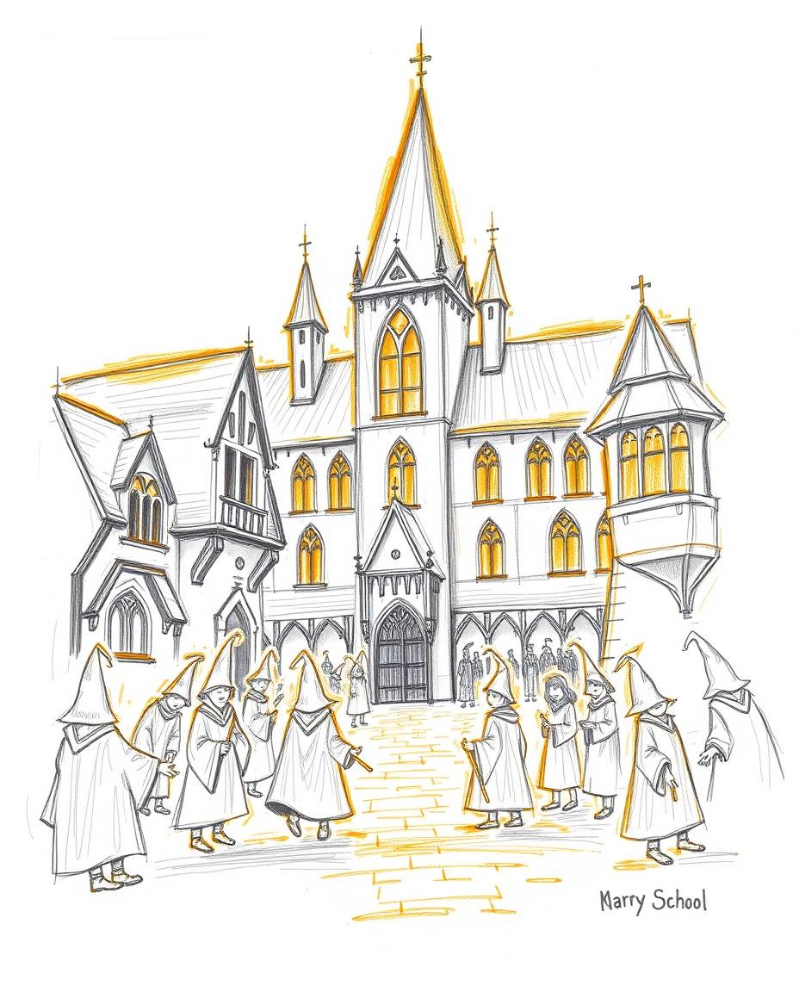 Explore a hand-drawn sketch of a magical school brimming with young wizards, bathed in the warm glow of the golden hour. This