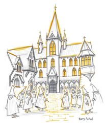 Explore a hand-drawn sketch of a magical school brimming with young wizards, bathed in the warm glow of the golden hour. This