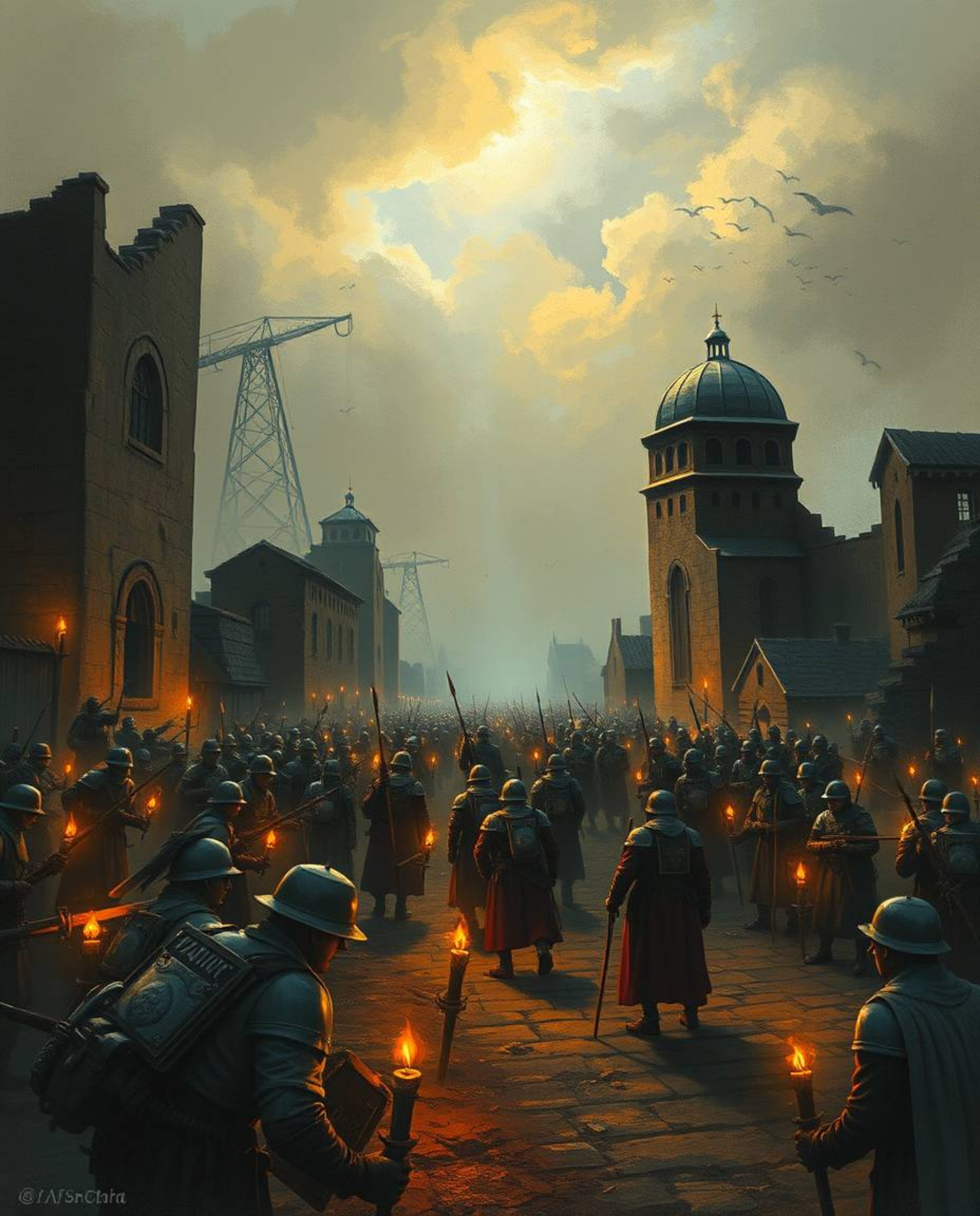 A surreal and captivating scene unfolds under the flickering glow of candle lights, illuminating a battlefield where soldiers