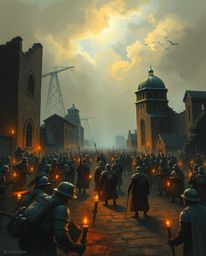 A surreal and captivating scene unfolds under the flickering glow of candle lights, illuminating a battlefield where soldiers
