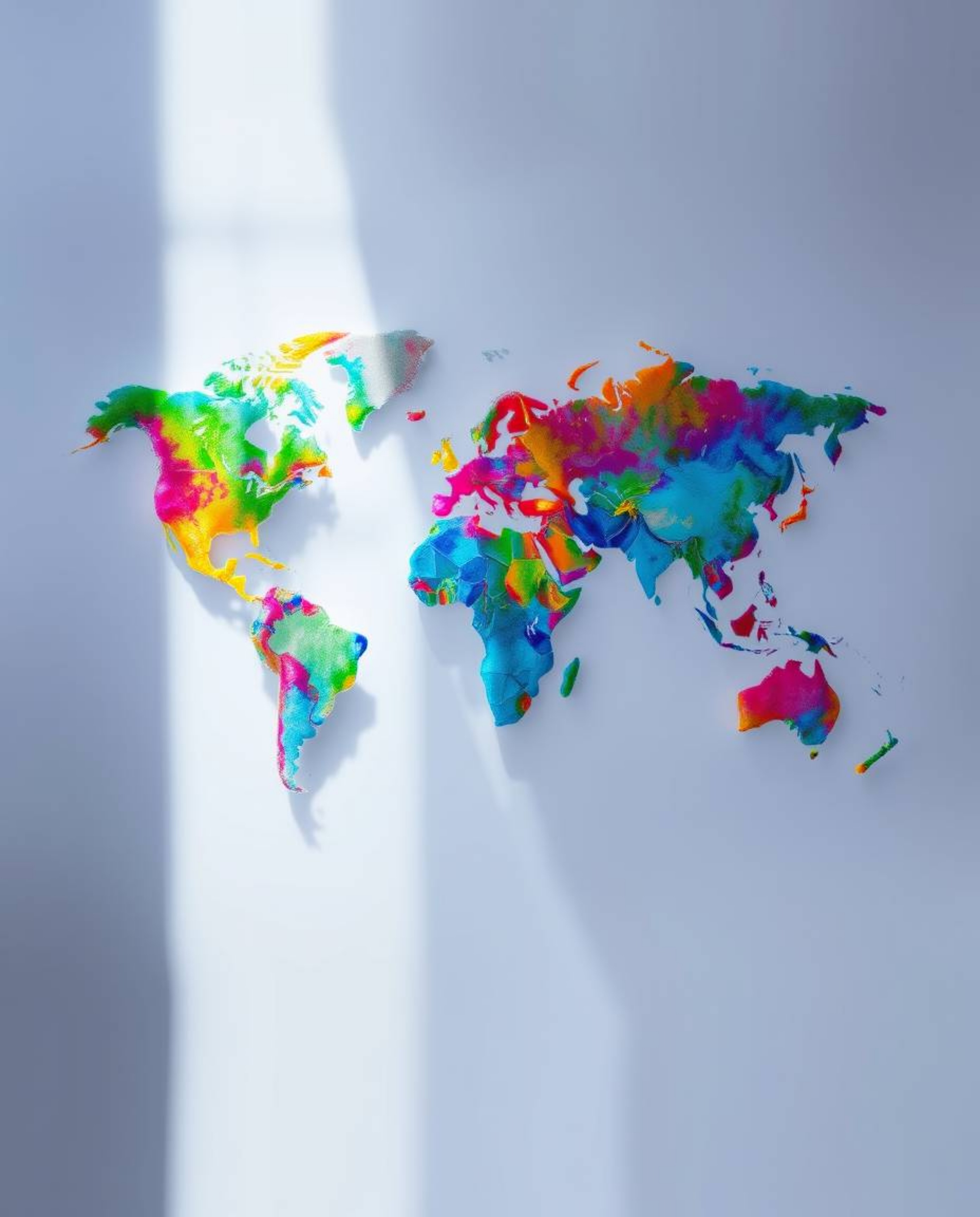 This abstract world map artwork features bright and colorful splashes, creating a mystical and ethereal feeling. The use of s