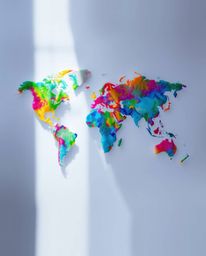 This abstract world map artwork features bright and colorful splashes, creating a mystical and ethereal feeling. The use of s