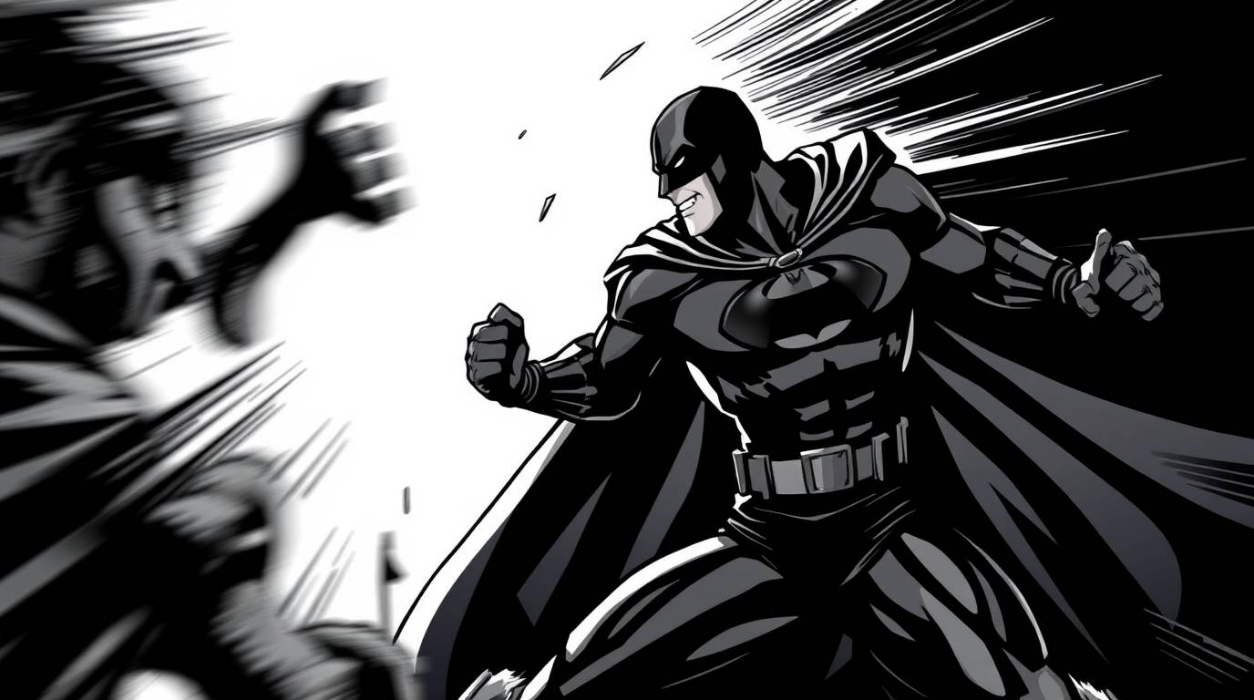 A captivating black and white image capturing a superhero in a jet-black costume and cape, locked in a dynamic battle against