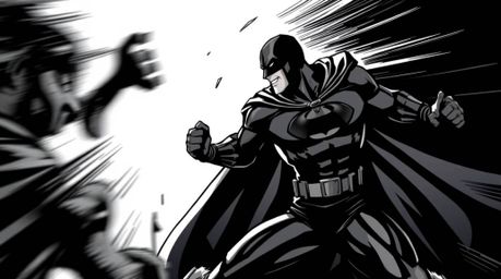 A captivating black and white image capturing a superhero in a jet-black costume and cape, locked in a dynamic battle against