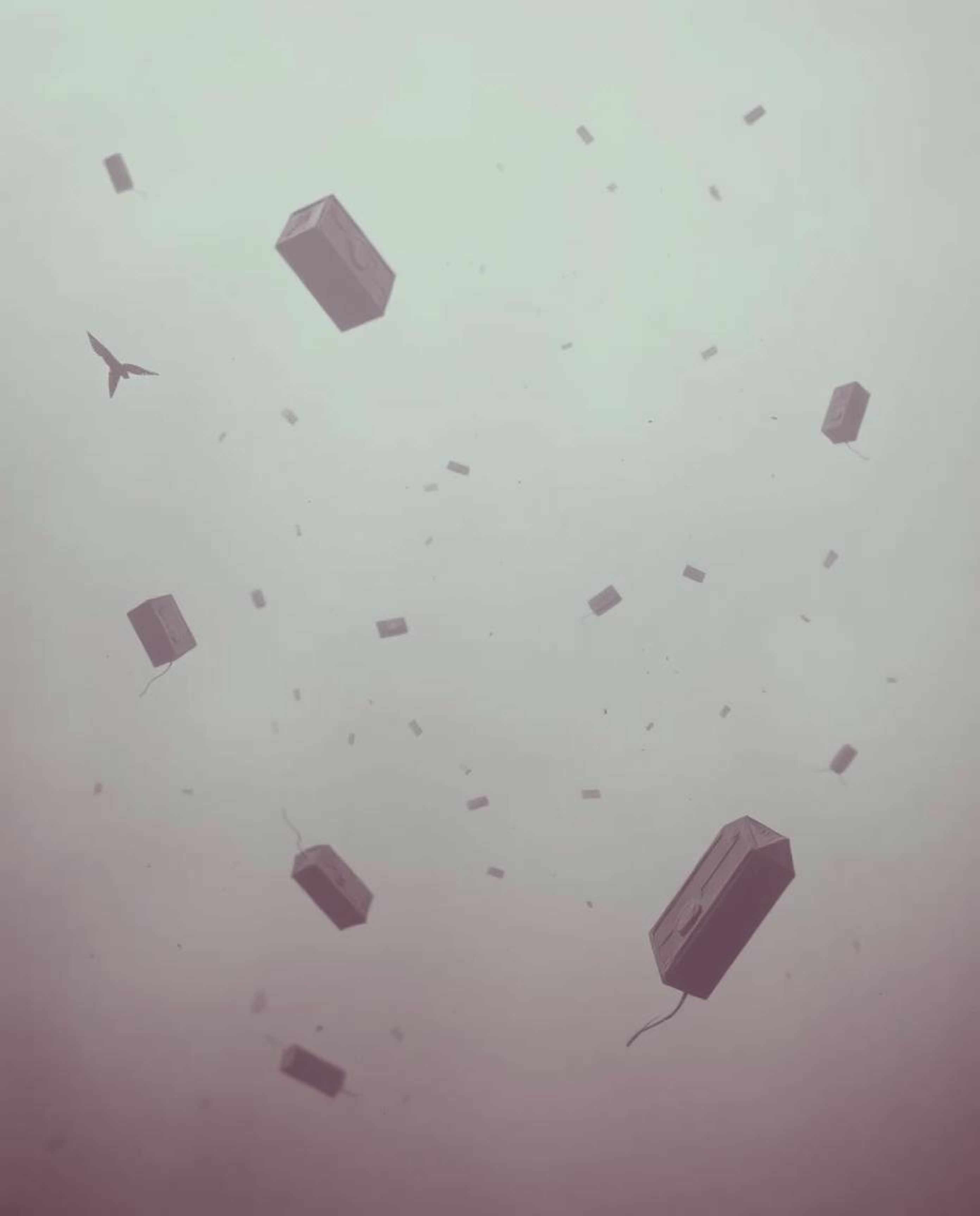 Experience a soft, cinematic haze of a surreal storm featuring flying objects and broken gravity, rendered in striking infrar