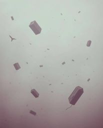Experience a soft, cinematic haze of a surreal storm featuring flying objects and broken gravity, rendered in striking infrar