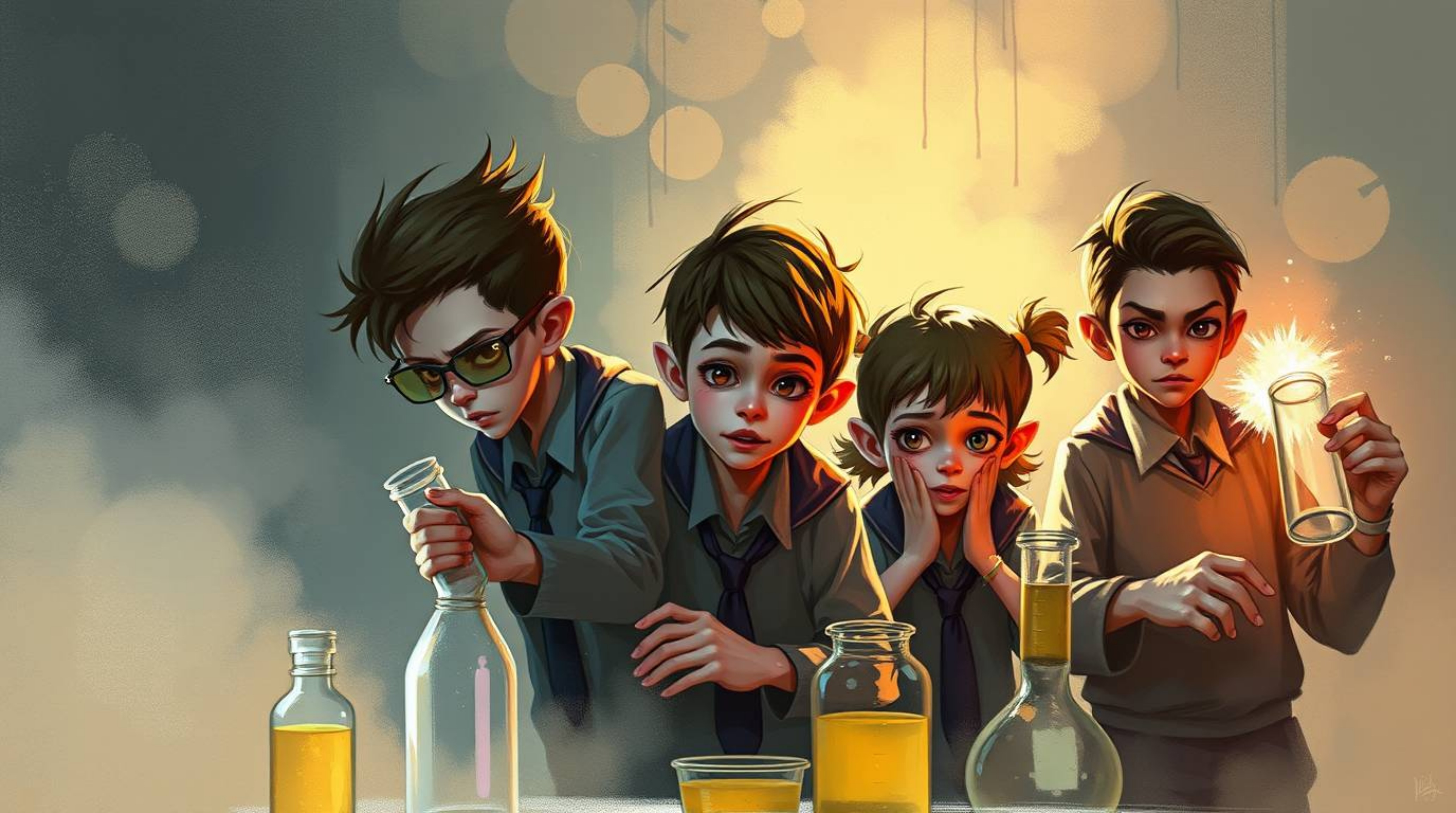 A dynamic digital sketch portrays a group of quirky kids in school uniforms conducting experiments, rendered with loose paint