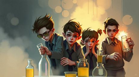 A dynamic digital sketch portrays a group of quirky kids in school uniforms conducting experiments, rendered with loose paint