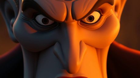 A captivating close-up of a classic Disney villain's face, rendered with sharp focus and seamless gradient transitions, bathe