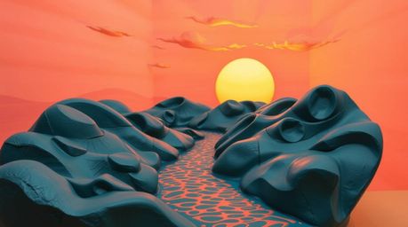 A stunning sculptural clay artwork depicting a winding river bathed in the warm glow of a dramatic orange-pink sky. The piece