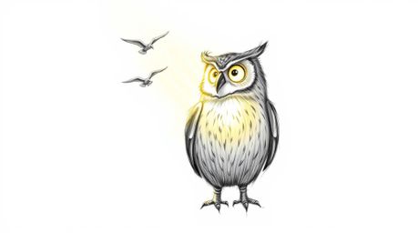 This hand-drawn sketch in the style of Pixar depicts a heartwarming scene of a blind owl with glowing feathers, illuminated b