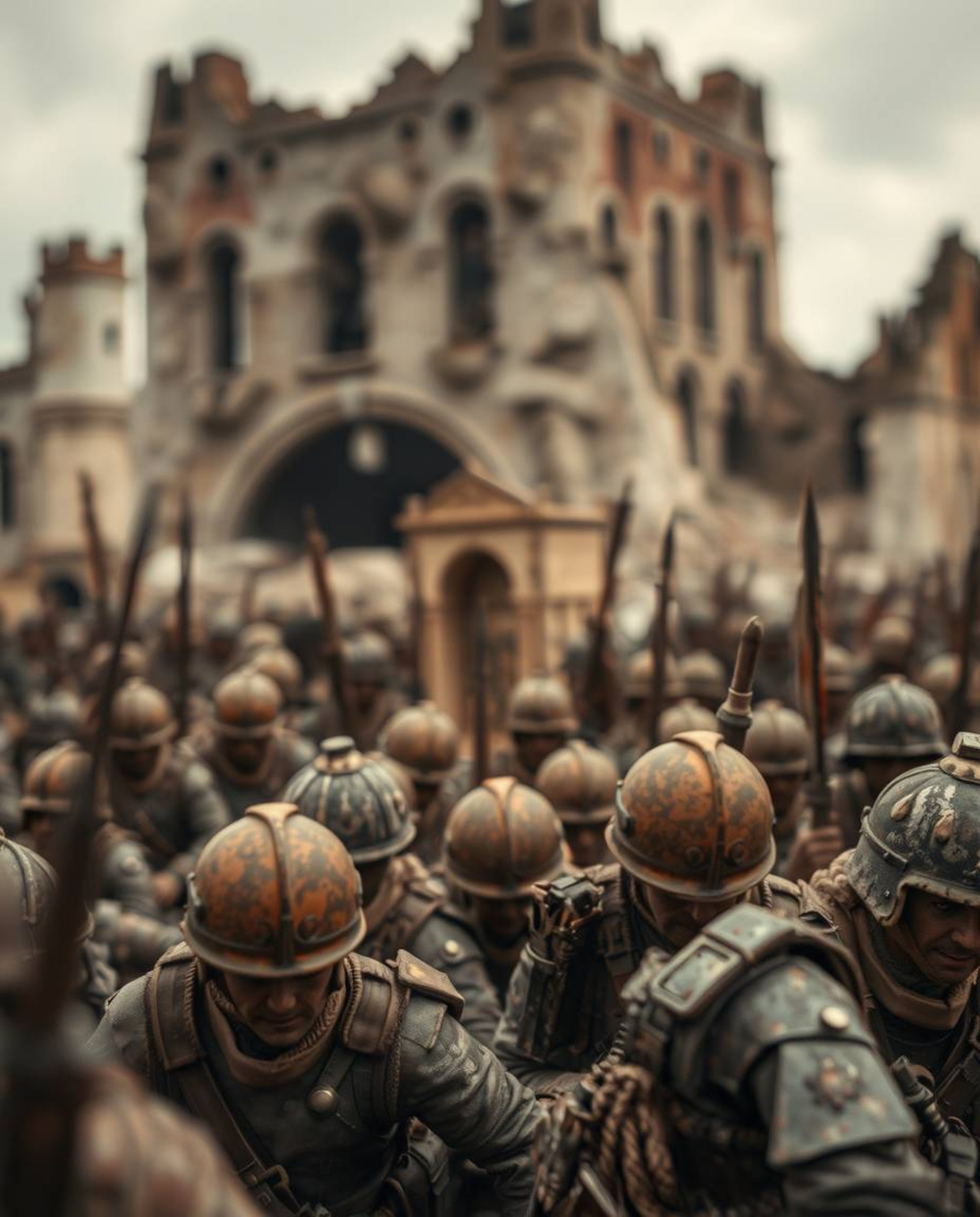 This image presents an extreme macro close-up view of a battlefield, focusing on time-warped soldiers and dilapidated buildin
