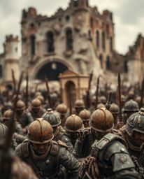 This image presents an extreme macro close-up view of a battlefield, focusing on time-warped soldiers and dilapidated buildin