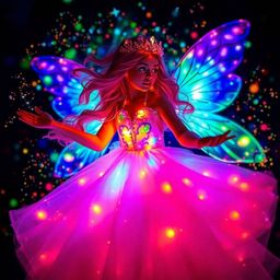 Experience the magic of a fairy godmother bathed in bioluminescent and vibrant complementary colors, swirling in sparkles. Th