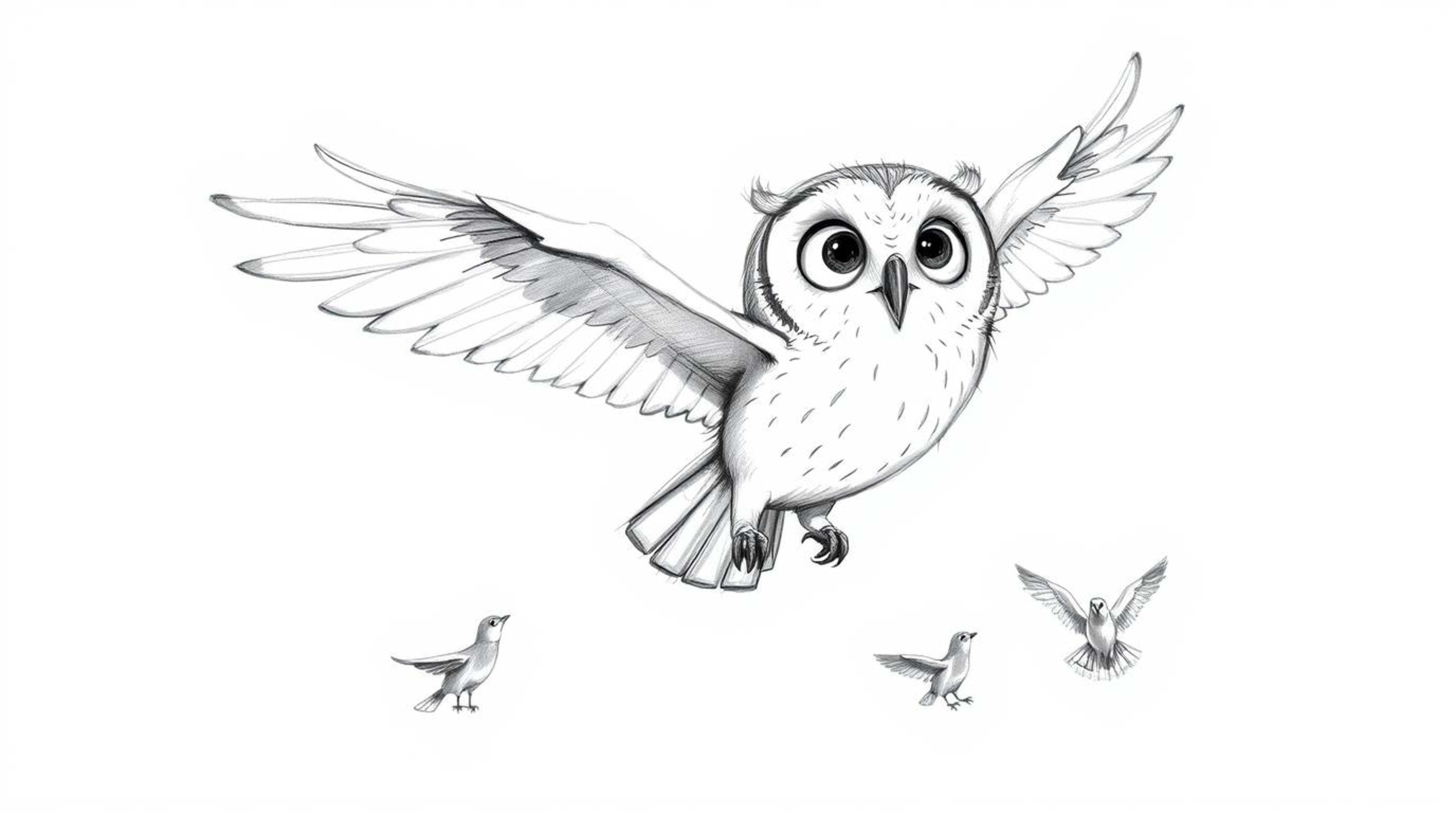 A heartwarming hand-drawn sketch in the style of Pixar, depicting a blind owl bravely teaching a flock of small birds how to 