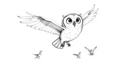 A heartwarming hand-drawn sketch in the style of Pixar, depicting a blind owl bravely teaching a flock of small birds how to 