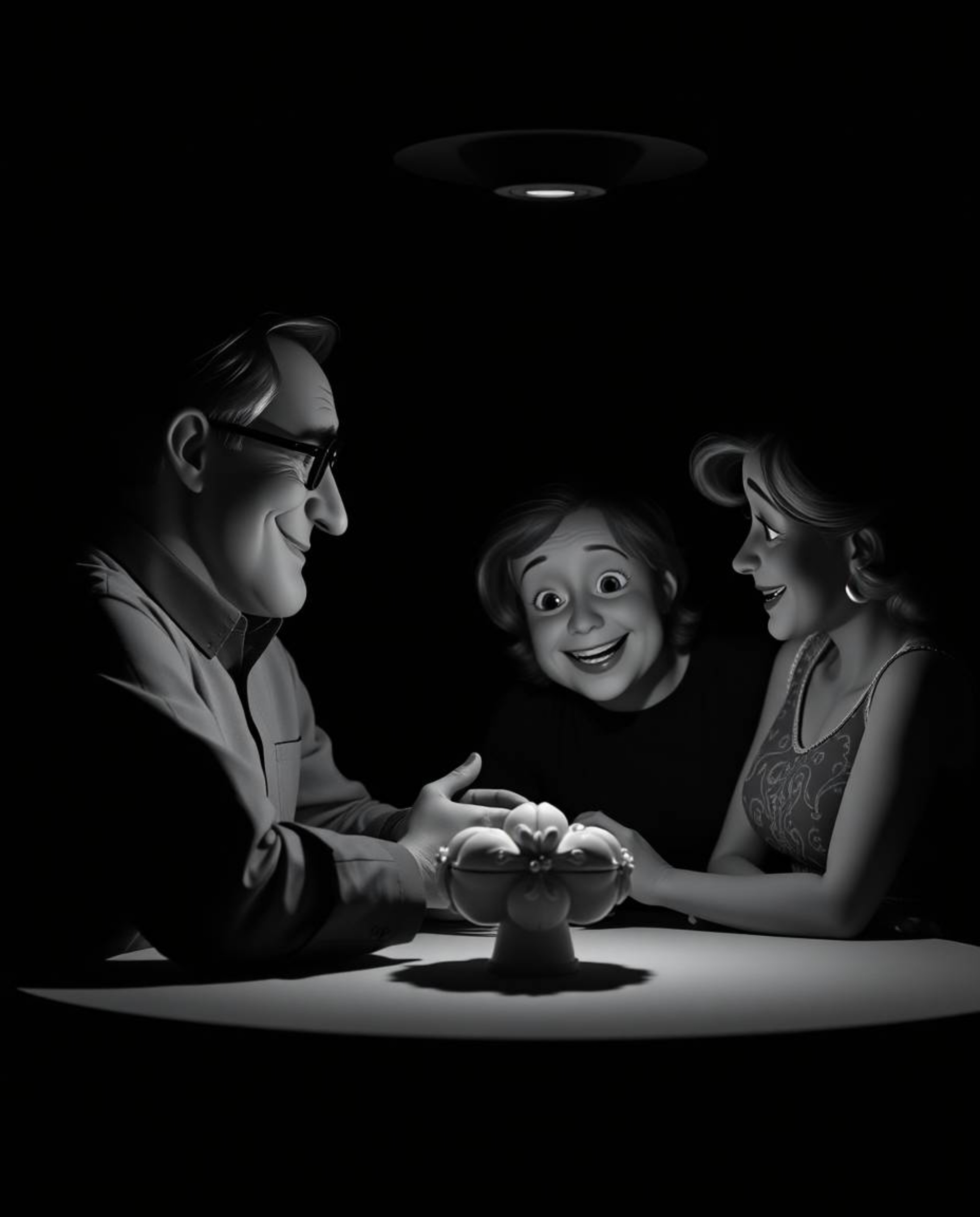 Capture the timeless elegance of a heartfelt family reunion in this high-contrast, low-key black and white photograph, styliz