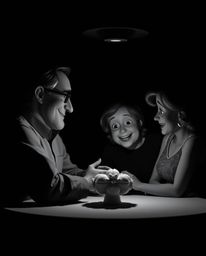 Capture the timeless elegance of a heartfelt family reunion in this high-contrast, low-key black and white photograph, styliz