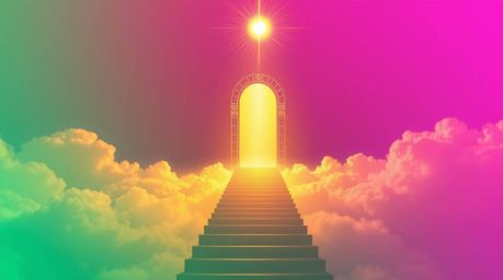 Experience a breathtaking fantasy realism artwork depicting a heavenly gate floating above ethereal clouds, bathed in golden 
