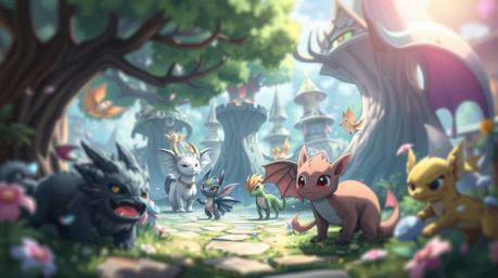 Explore a whimsical fantasy kingdom teeming with quirky magical creatures, rendered in a captivating blurred bokeh effect rem